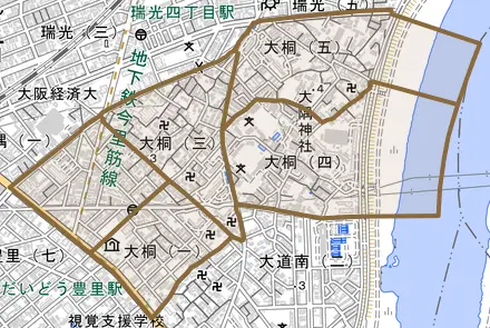 大桐とその周辺の地図。町の範囲を重ねている