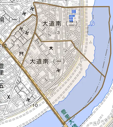 大道南とその周辺の地図。町の範囲を重ねている