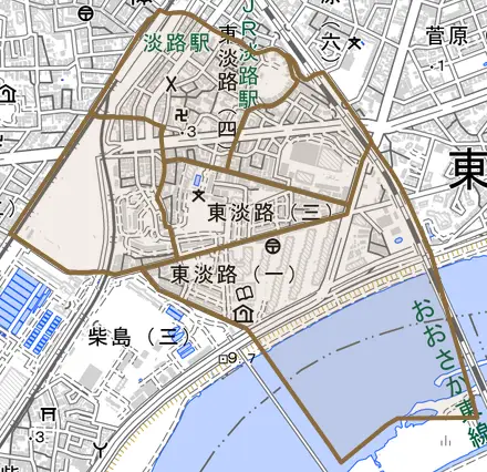 東淡路とその周辺の地図。町の範囲を重ねている