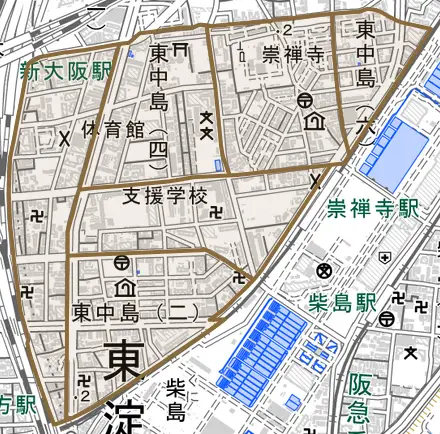 東中島とその周辺の地図。町の範囲を重ねている