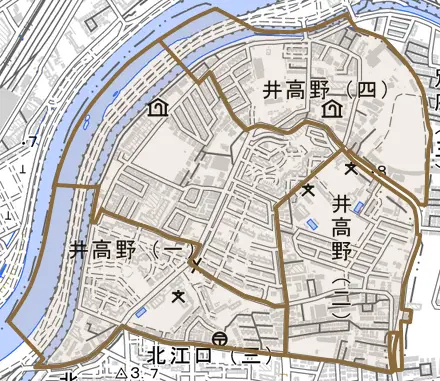 井高野とその周辺の地図。町の範囲を重ねている