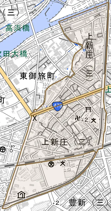 上新庄とその周辺の地図。町の範囲を重ねている