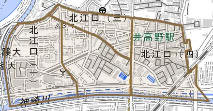 北江口とその周辺の地図。町の範囲を重ねている