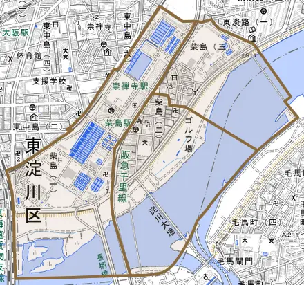 柴島とその周辺の地図。町の範囲を重ねている