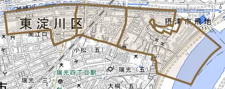 南江口とその周辺の地図。町の範囲を重ねている