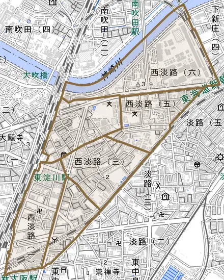 西淡路とその周辺の地図。町の範囲を重ねている