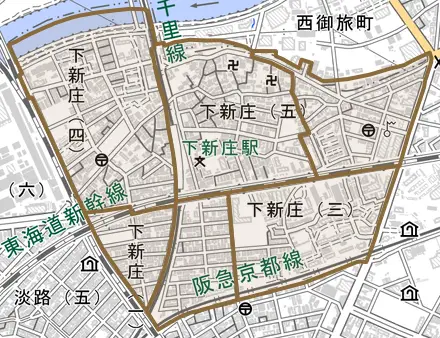 下新庄とその周辺の地図。町の範囲を重ねている