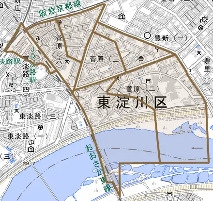 菅原とその周辺の地図。町の範囲を重ねている