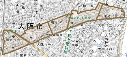 瑞光とその周辺の地図。町の範囲を重ねている