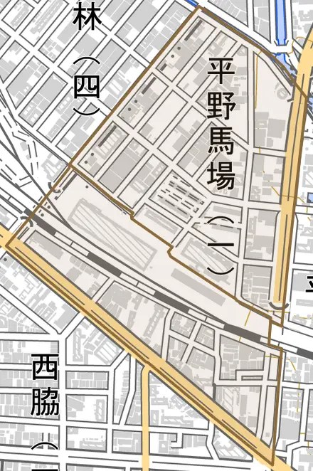 平野馬場とその周辺の地図。町の範囲を重ねている