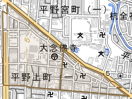 平野上町とその周辺の地図。町の範囲を重ねている