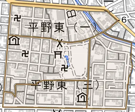 平野東とその周辺の地図。町の範囲を重ねている