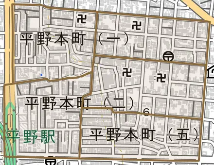 平野本町とその周辺の地図。町の範囲を重ねている