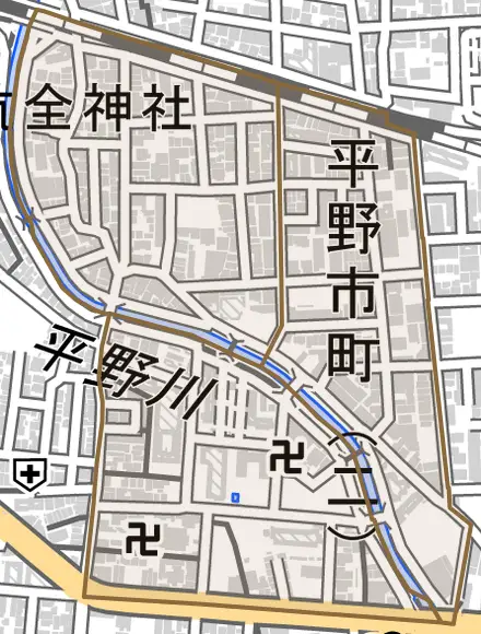 平野市町とその周辺の地図。町の範囲を重ねている