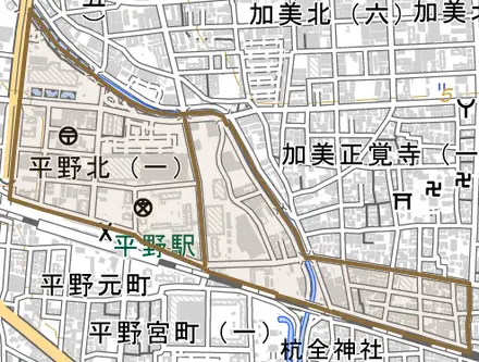 平野北とその周辺の地図。町の範囲を重ねている
