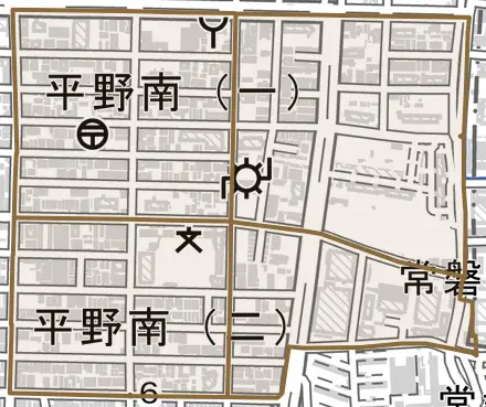 平野南とその周辺の地図。町の範囲を重ねている
