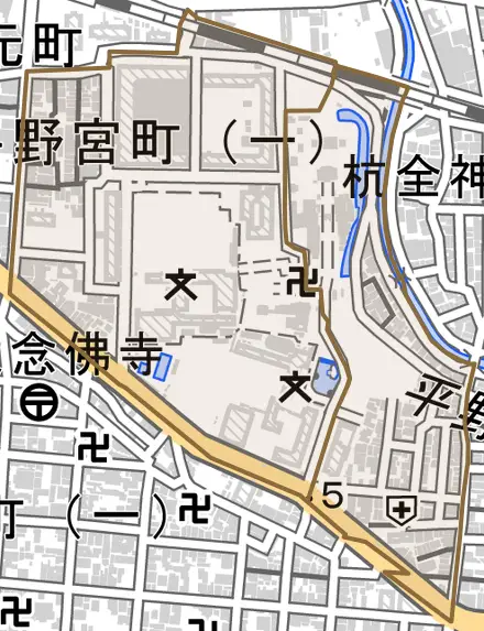 平野宮町とその周辺の地図。町の範囲を重ねている