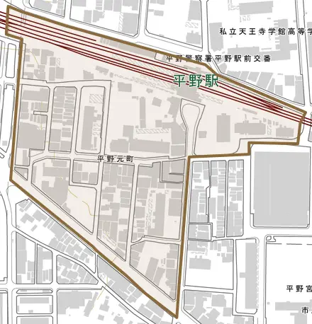 平野元町とその周辺の地図。町の範囲を重ねている