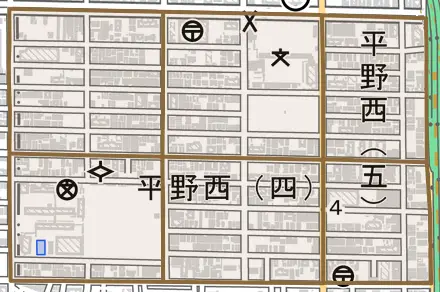 平野西とその周辺の地図。町の範囲を重ねている