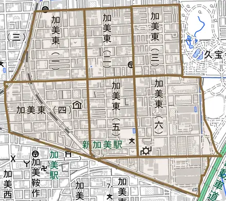 加美東とその周辺の地図。町の範囲を重ねている