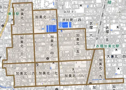 加美北とその周辺の地図。町の範囲を重ねている