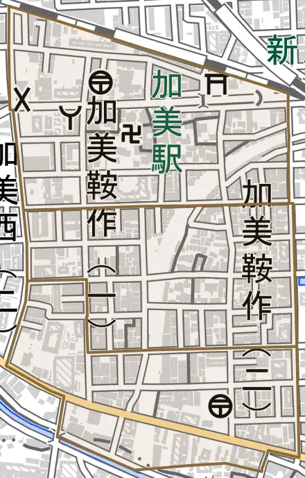 加美鞍作とその周辺の地図。町の範囲を重ねている