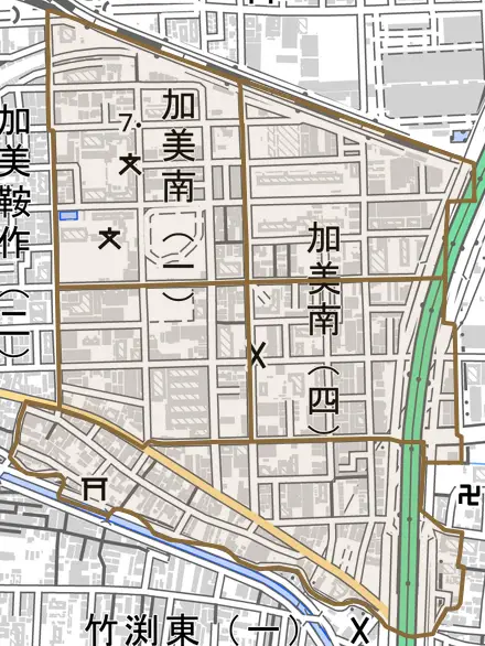 加美南とその周辺の地図。町の範囲を重ねている