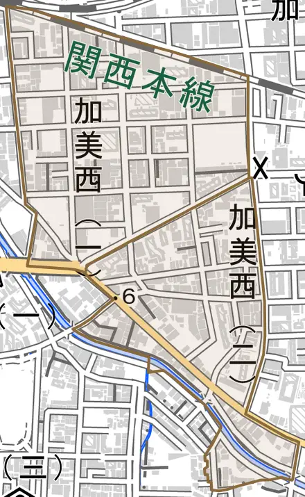 加美西とその周辺の地図。町の範囲を重ねている