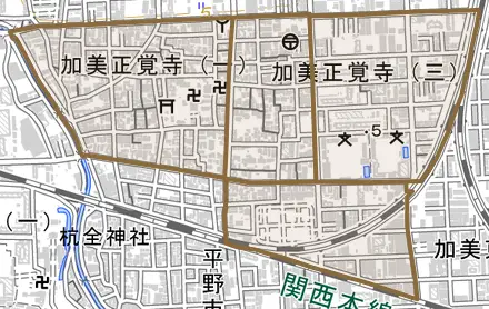 加美正覚寺とその周辺の地図。町の範囲を重ねている