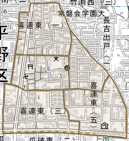 喜連東とその周辺の地図。町の範囲を重ねている
