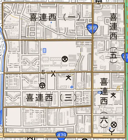 喜連西とその周辺の地図。町の範囲を重ねている