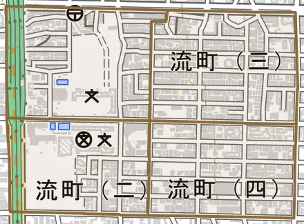 流町とその周辺の地図。町の範囲を重ねている