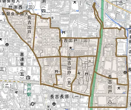 長吉出戸とその周辺の地図。町の範囲を重ねている