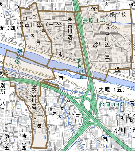 長吉川辺とその周辺の地図。町の範囲を重ねている