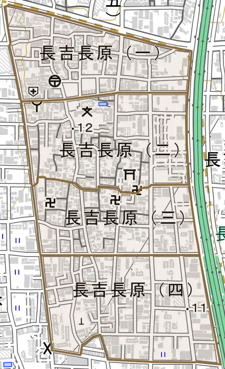 長吉長原とその周辺の地図。町の範囲を重ねている