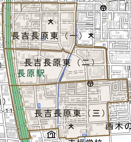 長吉長原東とその周辺の地図。町の範囲を重ねている
