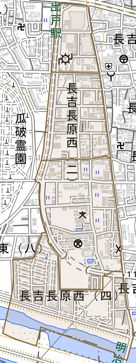 長吉長原西とその周辺の地図。町の範囲を重ねている