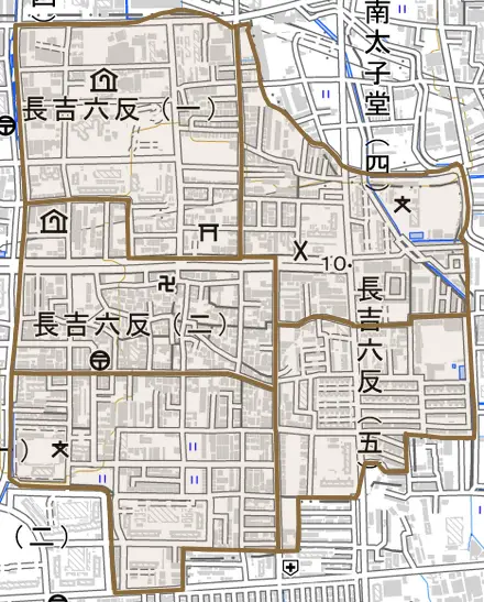長吉六反とその周辺の地図。町の範囲を重ねている