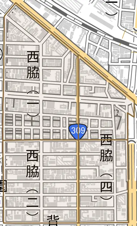 西脇とその周辺の地図。町の範囲を重ねている