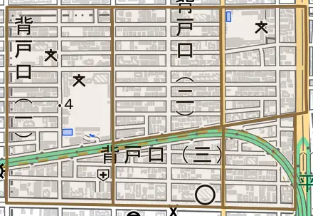 背戸口とその周辺の地図。町の範囲を重ねている