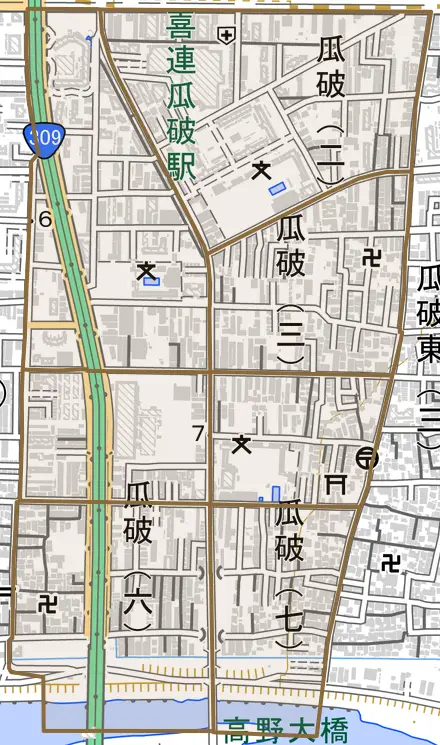 瓜破とその周辺の地図。町の範囲を重ねている