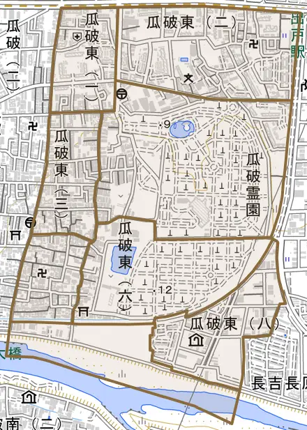 瓜破東とその周辺の地図。町の範囲を重ねている