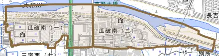 瓜破南とその周辺の地図。町の範囲を重ねている