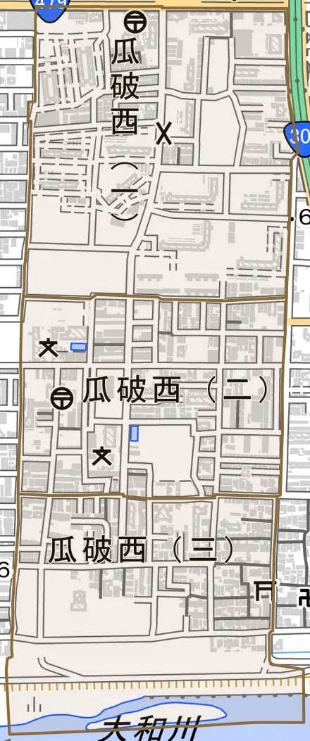 瓜破西とその周辺の地図。町の範囲を重ねている