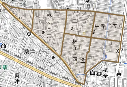 林寺とその周辺の地図。町の範囲を重ねている