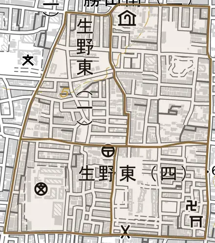 生野東とその周辺の地図。町の範囲を重ねている