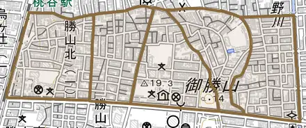 勝山北とその周辺の地図。町の範囲を重ねている