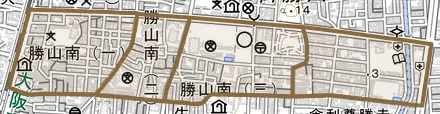 勝山南とその周辺の地図。町の範囲を重ねている