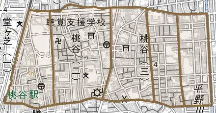 桃谷とその周辺の地図。町の範囲を重ねている
