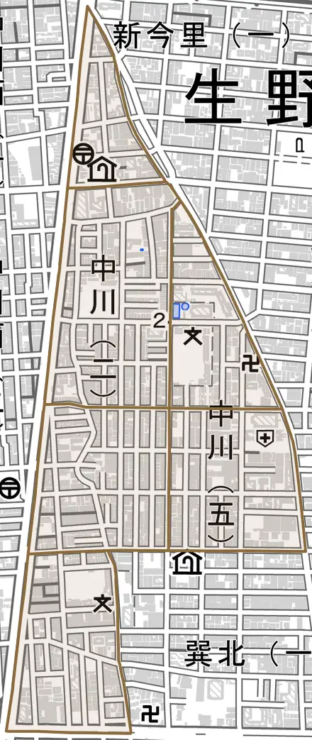 中川とその周辺の地図。町の範囲を重ねている